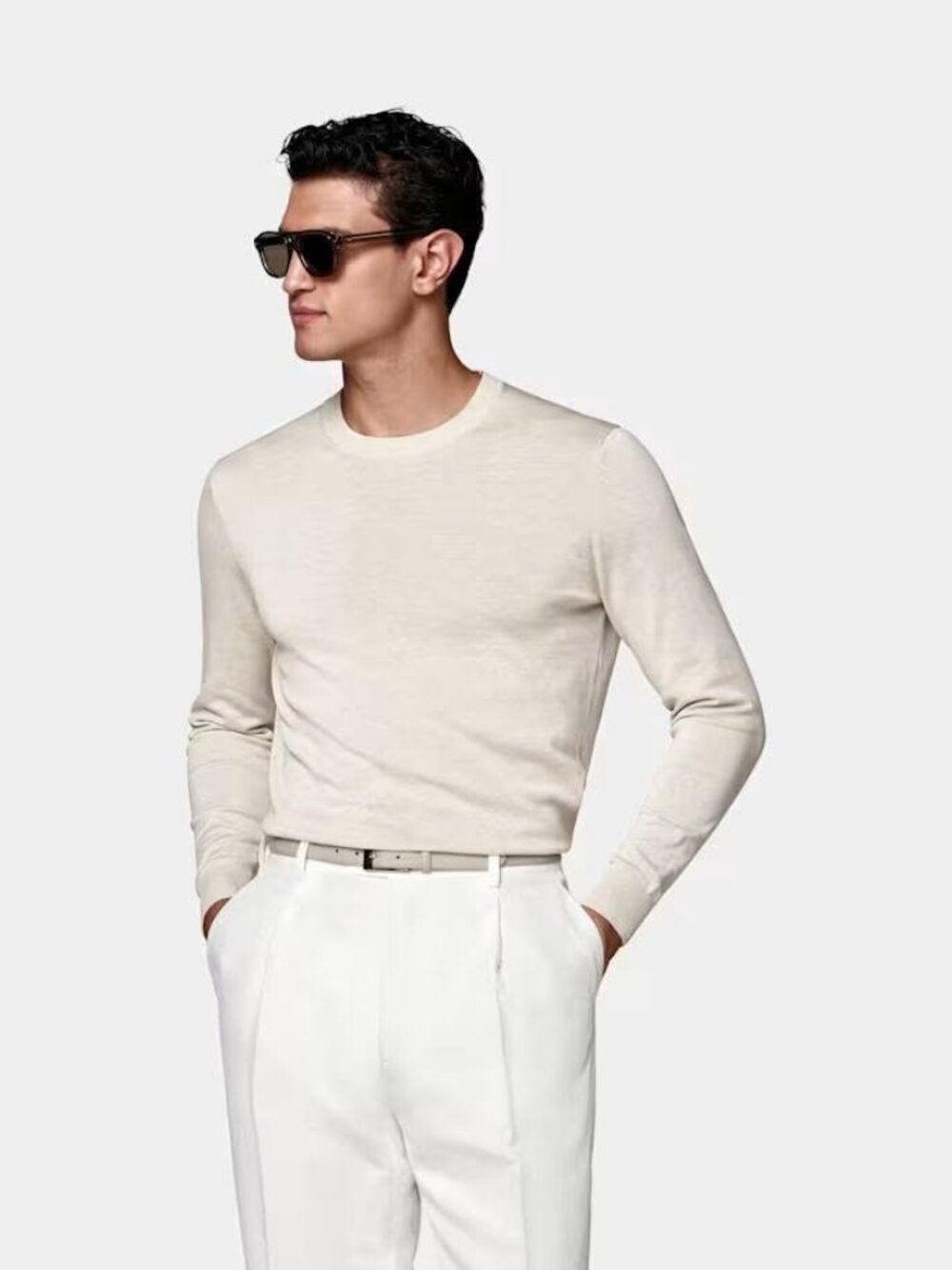SUITSUPPLY $109 Pure Merino Wool Crew Neck Sweater Pullover Slim Fit Cream